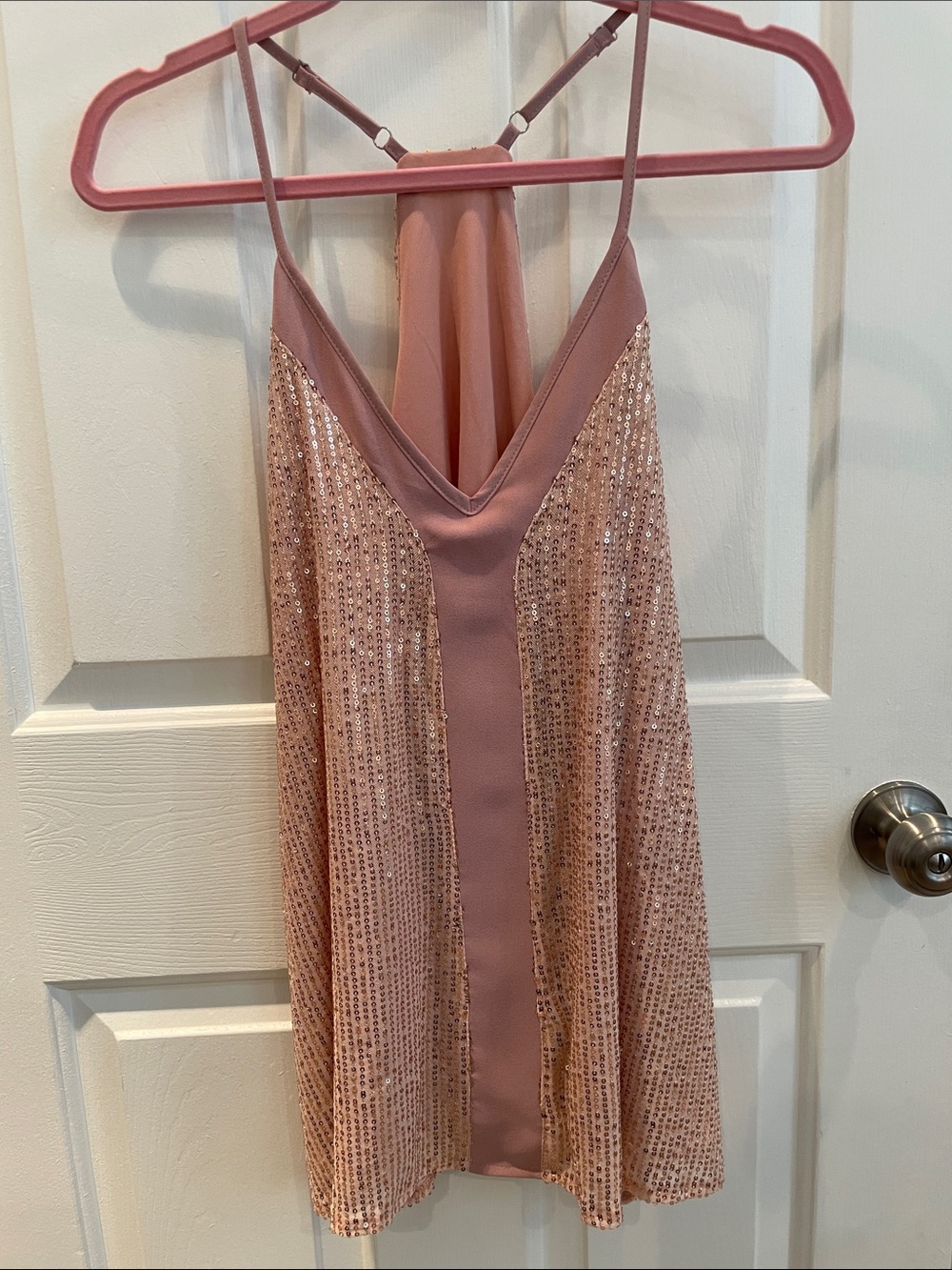 Micro Sequin Razor Back Adjustable Tank in Blush Pink Size L
